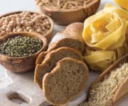 A selection of carbohydrate foods. Carbohydrates lower your ghrelin levels particularly quickly, but the levels rise again soon after.