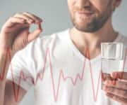 Man holding a pill and a glass of water