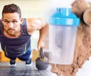 Protein powder and a man doing pushups