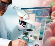 Scientist looking into a microphone