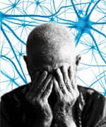 distressed man covering face with hands, over background of neurons