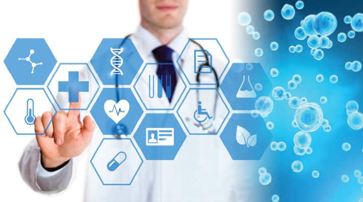 Doctor pressing health symbol on screen with example of geroprotectors