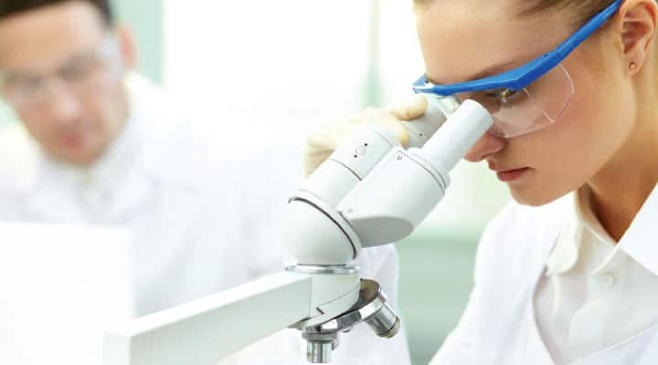 Scientist using microscope to study abdominal fat