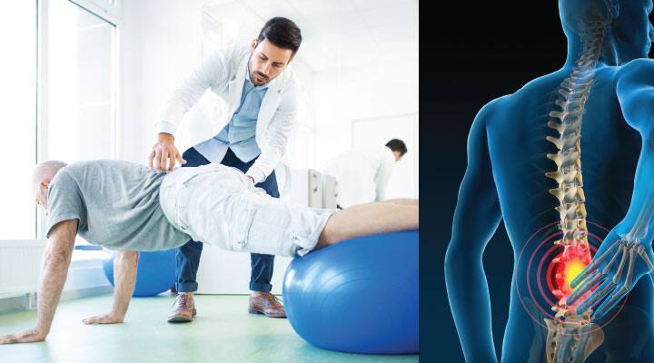 Doctor examining older patient’s spine for pain with x-rayed spine