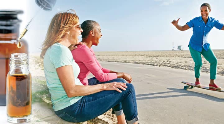 Woman on skateboard being supported with guineensine endocannabinoid