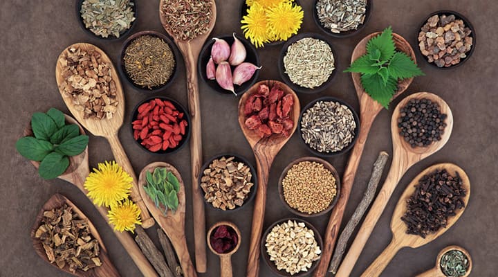 Spoons and bowls with foods that can optimize metabolic detox