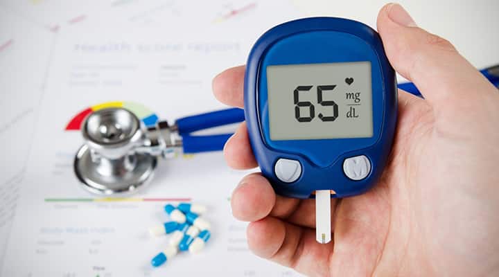 Man testing his blood sugar to check for hypoglycemia