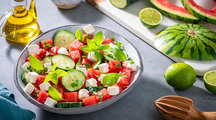 Watermelon makes a great base for sweet and salty salad that is bursting with nutrients