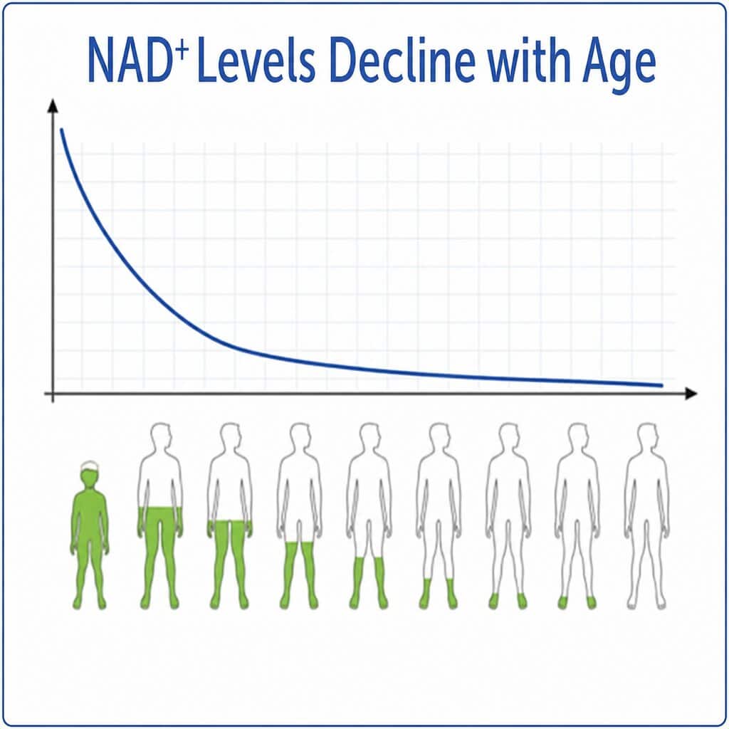 NAD+ levels progressively decline  across multiple 
human tissues and have been associated with age
related chronic disorders and metabolic dysfunction.