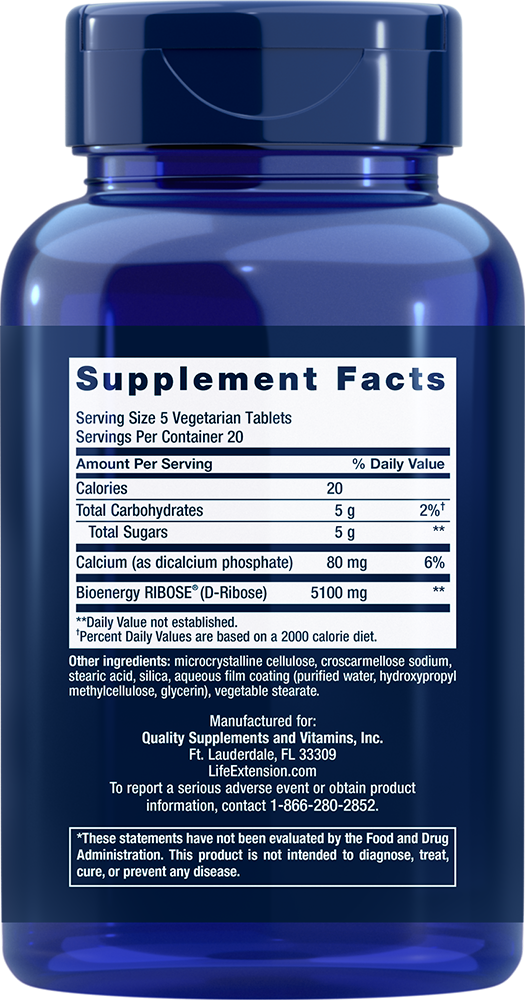 Thumbnail 2 of 2: Supplement Facts for D-Ribose Tablets 100 vegetarian tablets
