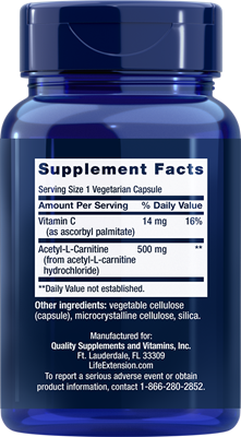 Acetyl-L-Carnitine 500 mg, 100 capsules - Life Extension Acetyl-L-Carnitine 500 mg, 100 capsules - Life Extension