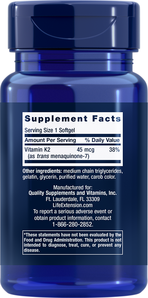 Thumbnail 2 of 3: Supplement Facts for Low Dose Vitamin K2, 90 softgels - Life Extension