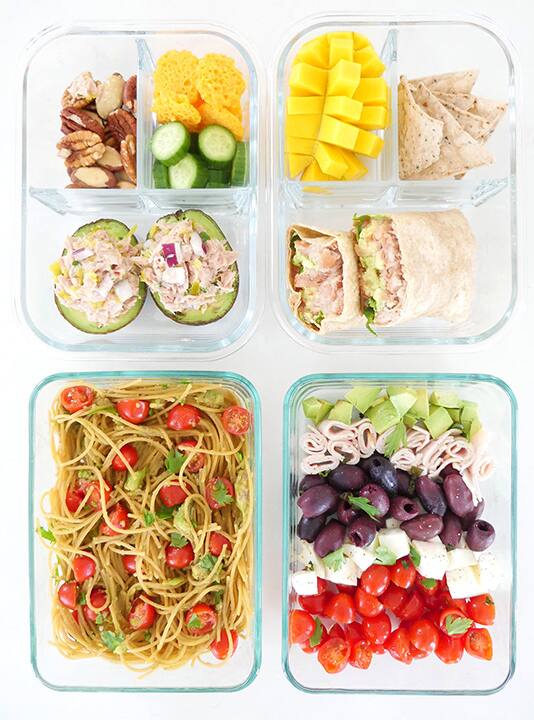 4 packed lunches with different avocado recipes