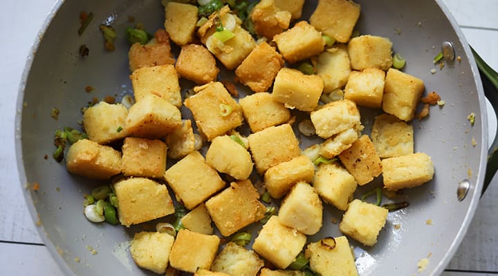 Fava tofu cooks nicely in a fry pan