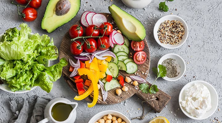 Mediterranean diet foods spread on platter